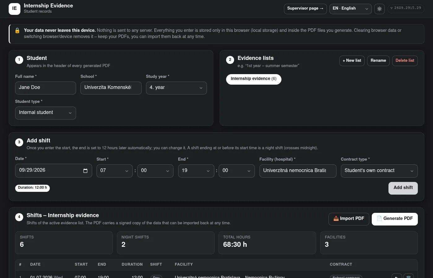 Student page — profile, evidence lists and entry of a new shift.