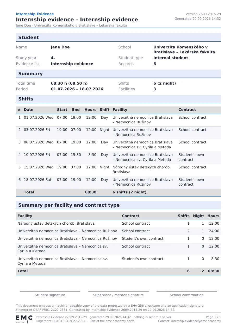 Generated student PDF with a summary per facility and contract type.