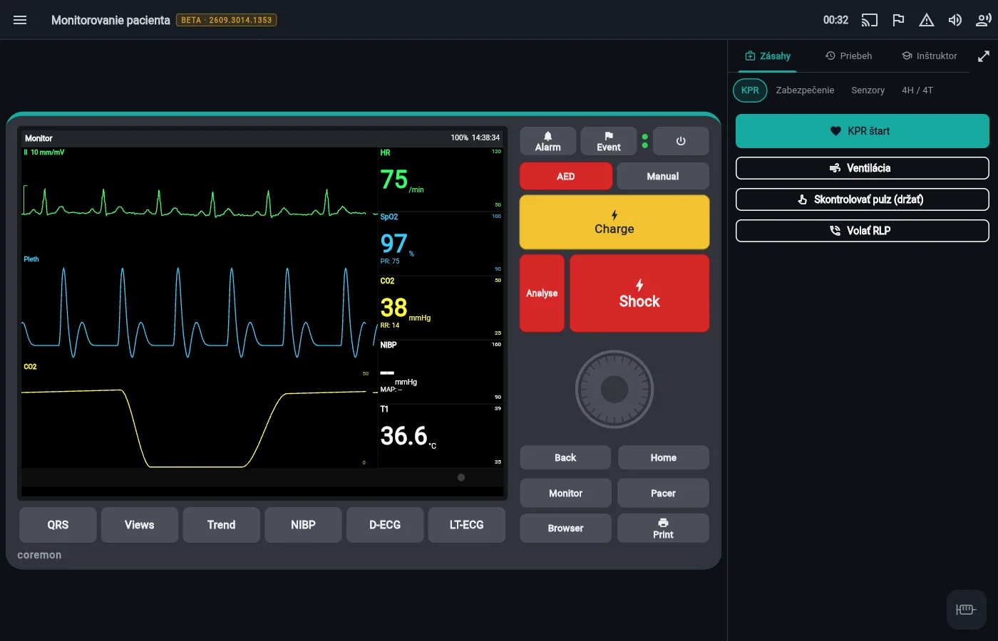 Monitoring scenario — device on, live ECG, SpO₂ and capnography waveforms.
