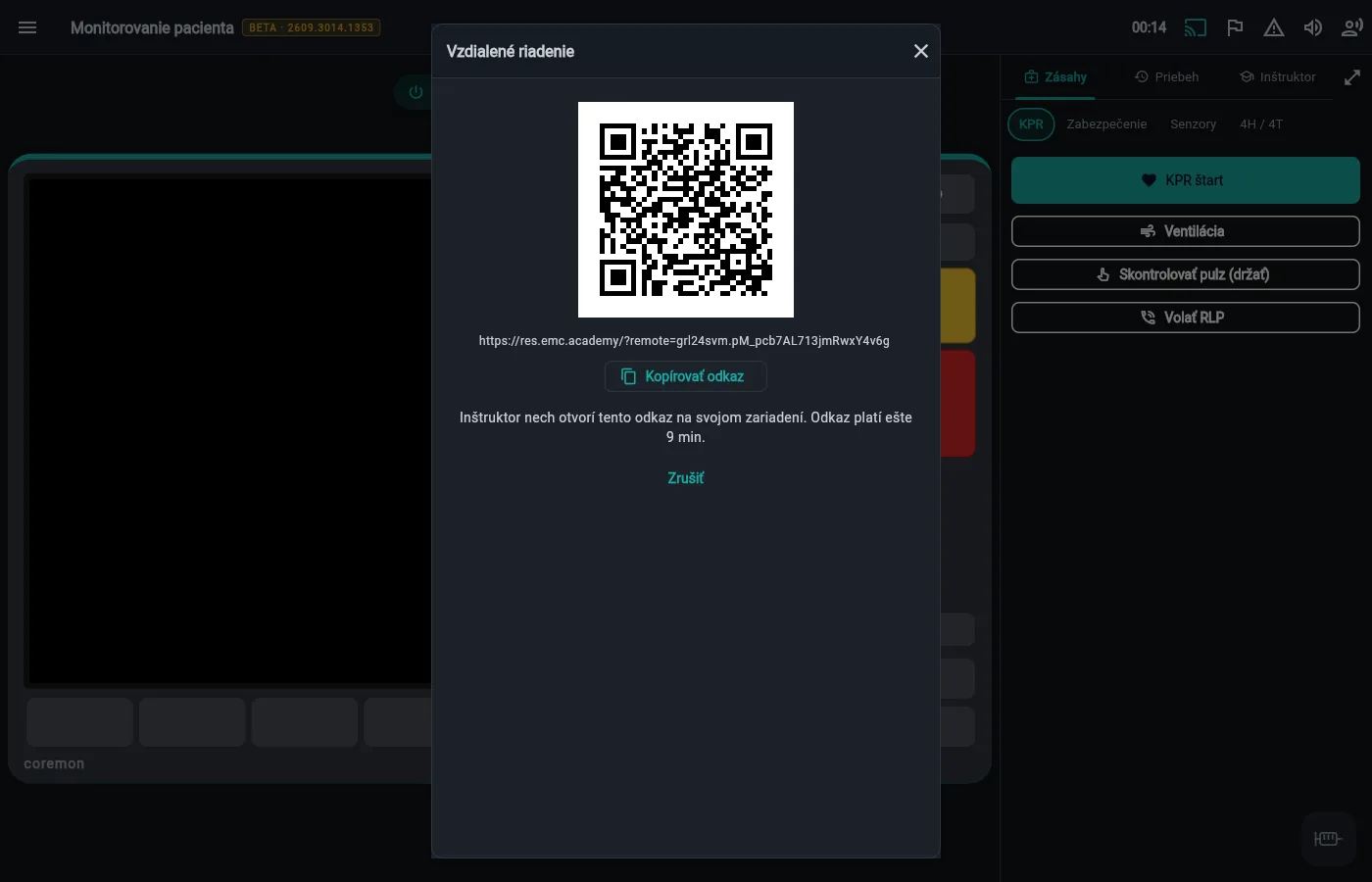 The trainee starts remote control — QR code and link for the instructor.