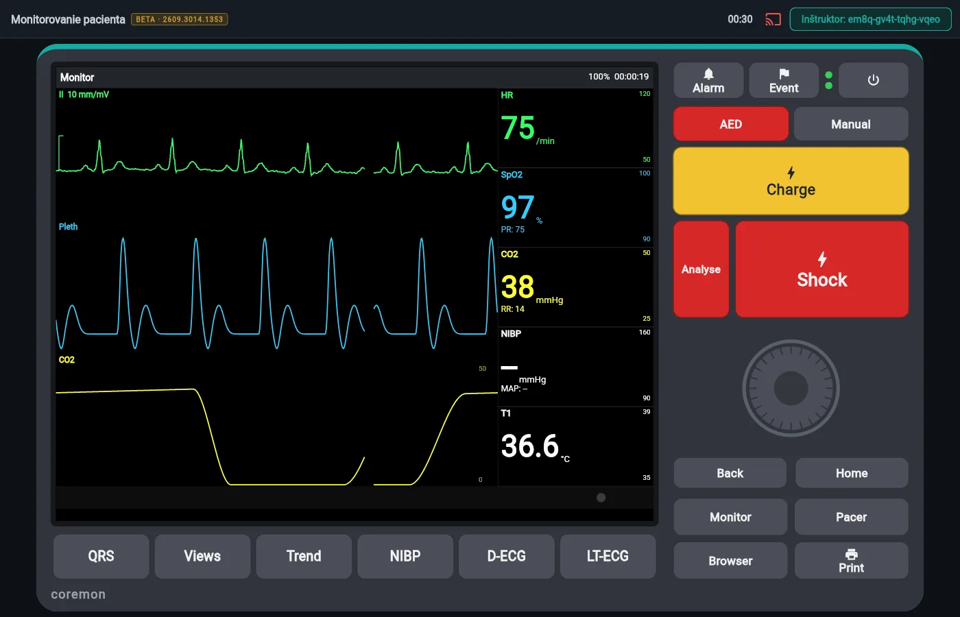 The trainee’s locked screen — just the monitor and the connected instructor’s chip.